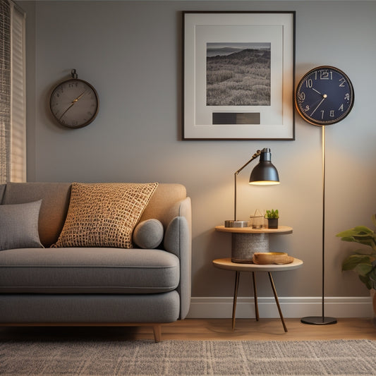 A modern living room with a smart plug on a lamp, a timer on the wall displaying a clock face, and a background with a subtle grid pattern resembling an electricity grid.