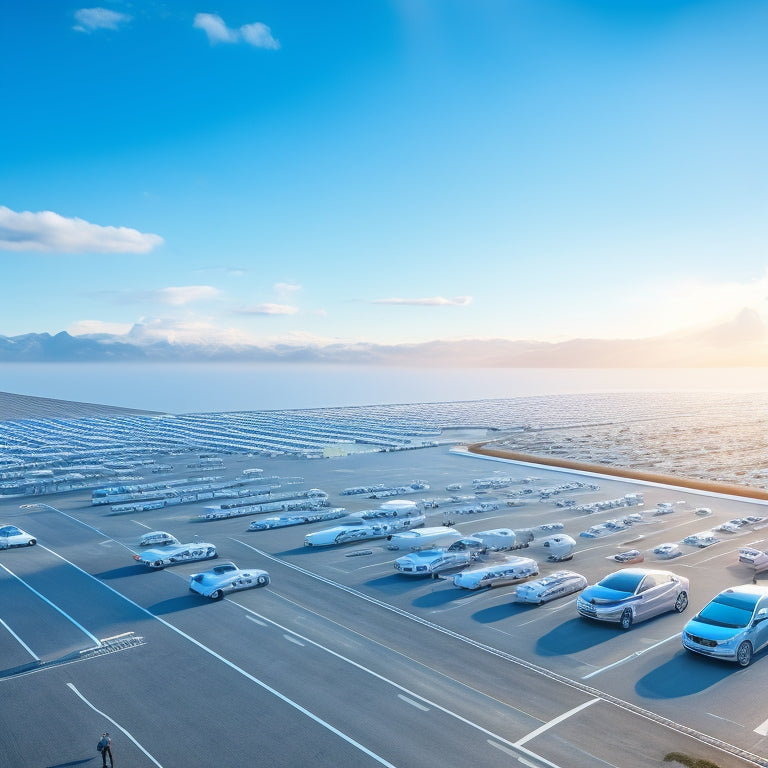 A futuristic, aerial illustration of a sprawling electric vehicle fleet depot, with rows of sleek, silver charging stations, and various EV models plugged in, set against a bright blue sky with fluffy white clouds.