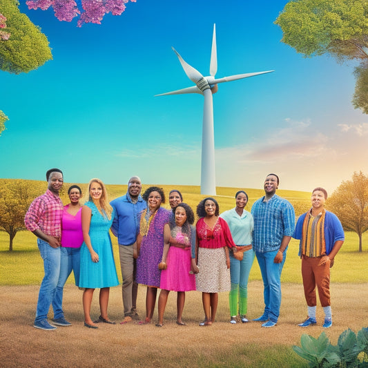 A vibrant illustration depicting a diverse group of community college students surrounding a blooming tree, holding recyclable materials, and standing amidst a backdrop of wind turbines and solar panels.