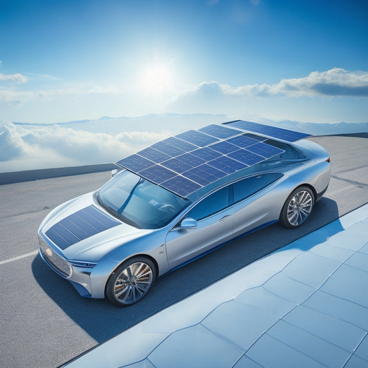 A futuristic, high-angle illustration depicting a sleek, silver vehicle equipped with various vehicle-mounted solar panels on its roof and hood, set against a bright blue sky with fluffy white clouds.