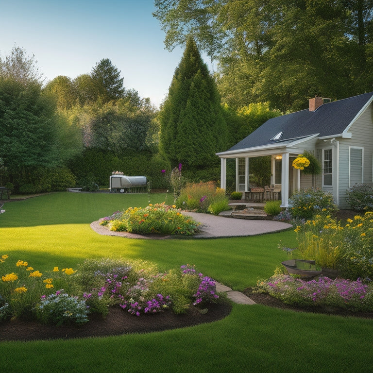 A serene backyard scene with a lush green lawn, featuring a solar-powered lawn mower, trimmer, and edger, surrounded by blooming flowers and a few solar panels discreetly integrated into the garden.