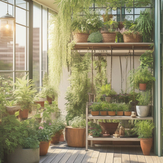 A serene, sun-drenched urban balcony with a lush, multi-tiered vertical garden, featuring a mix of leafy greens, vibrant flowers, and trailing vines spilling over wooden planters and trellises.