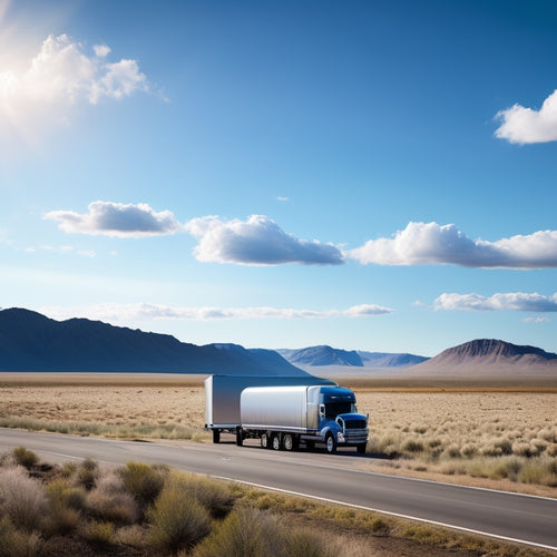 A serene landscape with a parked 18-wheeler truck, its roof and trailer top mounted with sleek, black solar panels, set against a bright blue sky with a few puffy white clouds.