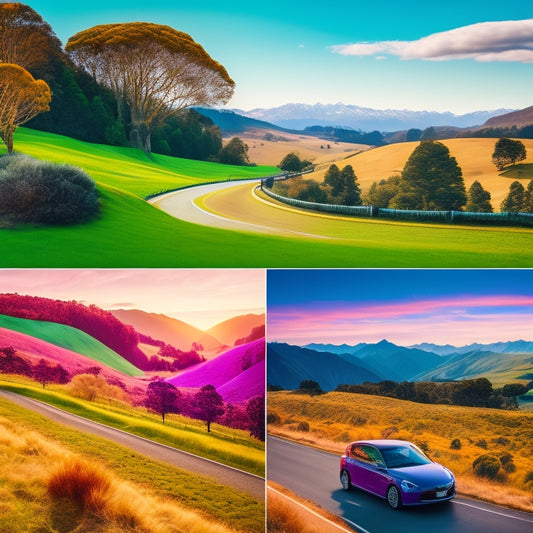 A scenic landscape of New Zealand's countryside with a winding road and a few trees, featuring a mix of sleek, modern electric vehicles in various bright colors, charging at roadside stations.