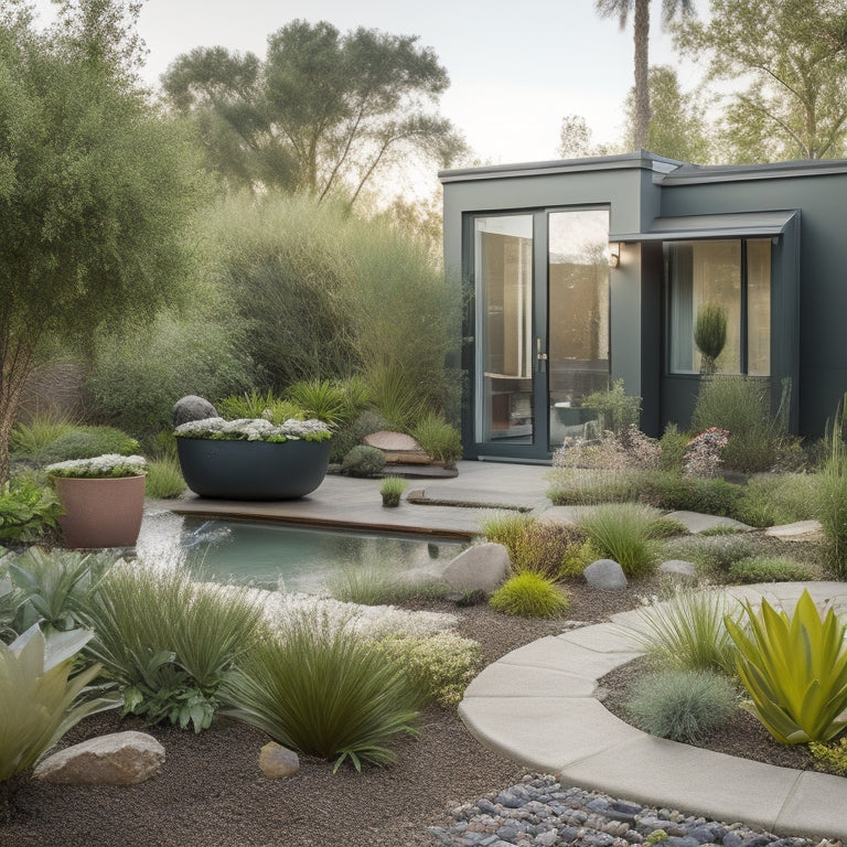 A serene backyard scene: a modern green home with a lush garden, a rainwater harvesting tank, and a graywater irrigation system, surrounded by thriving plants and a subtle mist.