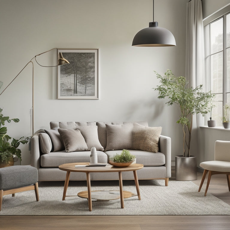 A modern, eco-friendly living room with a sleek, low-profile sofa in a light gray tone, paired with a reclaimed wood coffee table and a floor lamp with a spiral, energy-efficient bulb.