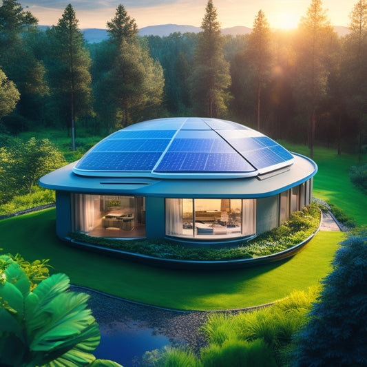 A futuristic, eco-friendly home with sleek, silver HVAC units and solar panels on the roof, surrounded by lush greenery, with a subtle, glowing blue aura representing energy efficiency.