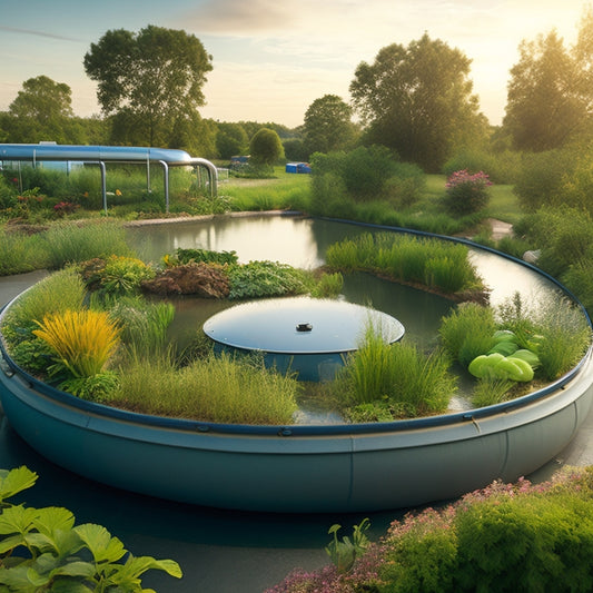 A serene aquaponics garden with lush greenery, surrounded by a rainwater harvesting system featuring a large, curved tank, pipes, and a rooftop collection system, set against a sunny, cloud-filled sky.
