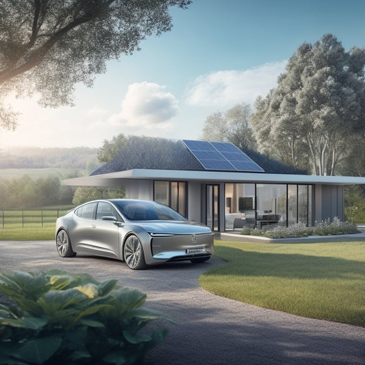 An illustration of a sleek, silver electric vehicle parked in front of a modern, eco-friendly home with solar panels on the roof, surrounded by lush greenery and a subtle background of wind turbines.