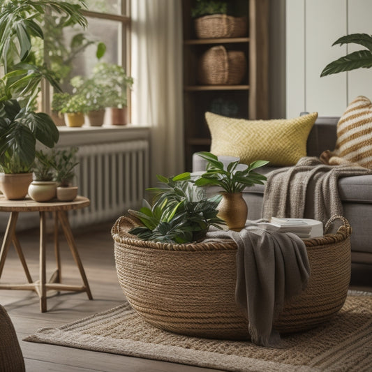 A serene, well-lit living room with a few potted plants, a woven basket filled with lemons, and a small bowl of vinegar on a wooden coffee table, surrounded by natural textiles.