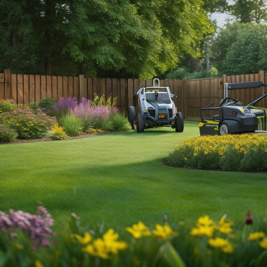 A serene, lush green lawn with a mix of native plants and flowers, surrounded by a wooden fence, with an electric lawn mower, trimmer, and pruner placed artfully in the foreground.