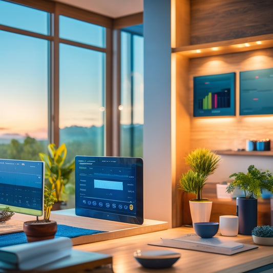 A modern, sleek smart home interior with a tablet displaying a dashboard of energy usage graphs and charts, surrounded by various smart home devices and a few energy-efficient light bulbs.