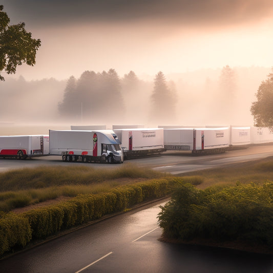 A serene, misty morning scene depicting a fleet of Tesla Semis, with PepsiCo logos emblazoned on the sides, parked in a row at a modern, sleek, and sustainable distribution center, surrounded by lush greenery.