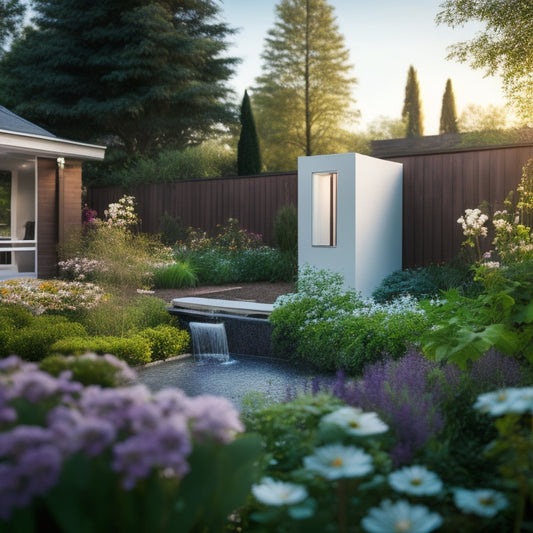 A serene, modern home backyard with a lush green garden, featuring a small, sleek greywater harvesting system and a crystal-clear drinking water dispenser in the corner, surrounded by blooming flowers.