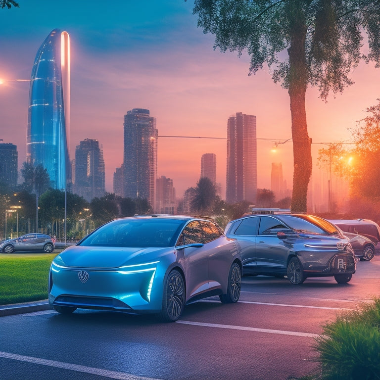 A futuristic cityscape at dusk with sleek, modern electric vehicles parked beside gleaming EV charging stations, surrounded by lush greenery and vibrant LED lights illuminating the urban landscape.