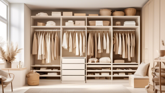 An organized closet with shelves, drawers, and hanging organizers in shades of white and beige.