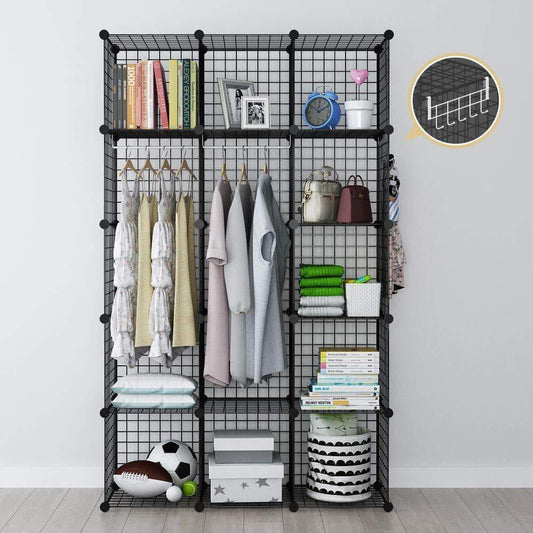 GEORGE&DANIS Wire Storage Cubes Metal Shelving Unit Portable Closet Wardrobe Organizer Multi-use Rack Modular Cubbies, Black, 14 inches Depth, 3x5 Tiers